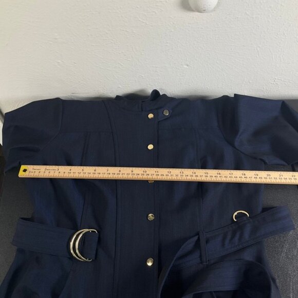 Calvin Klein Belted Dress Womens Sz 14  Navy Pinstripe Long Sleeve Gold Buttons - Picture 9 of 13